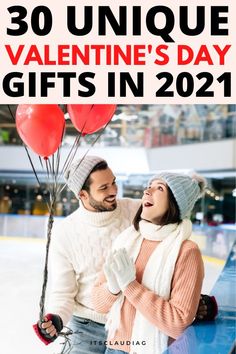 a man and woman holding red balloons with the text 30 unique valentine's day gifts in