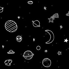 black and white space wallpaper with stars, planets, and other things in the sky