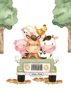 a group of farm animals riding in the back of a truck