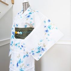 Japanese Yukata Kimono - Blue Watercolor Flowers in White Geisha Kimono Pattern With Butterflies, Blue Watercolor Flowers, Japanese Yukata, Pretty Watercolor, Oc Stuff, White Kimono, Yukata Kimono, Blue Kimono, Casual Kimono