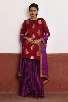 Red short kurta in brocade with floral woven motifs. Comes with purple velvet sharara. - Aza Fashions Velvet Sharara, Brocade Kurta, Red Kurta, Short Kurta, Sharara Set, Women Kurta, Straight Kurta, Purple Velvet, Red Shorts