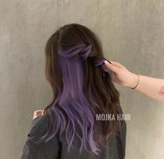 Purple Hair With Light Brown, Brown Hair Lavender Underneath, Peekaboo Hair Color Purple And Brown, Purple Peekaboo Brown Hair, Peekaboo Hair Color Brunettes Purple, Balayage Colored Hair, Brown Hair With Lavender Underneath, Purple Hair Dye On Brown Hair, Pickaboo Hair Dye