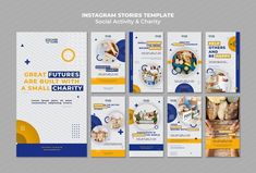 the instagramm stories template for social activity is shown in blue, yellow and white