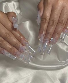 Clear Nail Designs With Glitter, Clear Glitter Acrylic Nails, Clear Glitter Nails, Clear Acrylic Nails, Blue Acrylic Nails, Nails Glitter, Long Acrylic, Nails Only