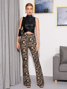 Multicolor Elegant   Polyester Leopard Flare Leg Embellished Slight Stretch Spring/Summer/Fall Women Bottoms Fashion Boutique Interior, Printed Leggings Outfit, Leopard Trousers, Brown Leather Pants, Printed Flare Pants, Leopard Print Pants, Leopard Pants, Fashion D, Flared Leggings