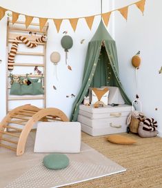 a child's bedroom decorated in green and white