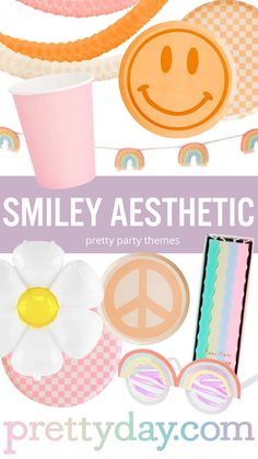 a curated collection of everything to throw a retro smiley party Balloon Peace Sign, Smiley Face Plates, Smiley Birthday Party, Wavy Candles, Smiley Face Birthday Party, Peace Sign Birthday, Smiley Birthday, Aesthetic Birthday Party, Smiley Face Birthday