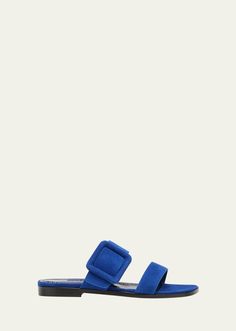 Manolo Blahnik Tituba Suede Buckle Dual-Band Sandals Suede Sandals With Tang Buckle And Round Toe, Summer Suede Sandals With Tang Buckle, Manolo Blahnik Sandals, Latest Sandal, T Strap Flats, Navy Shoes, Goat Leather, Blue Sandals, Sport Sandals