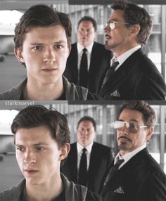 three different shots of the same person in suits and ties, one with glasses on