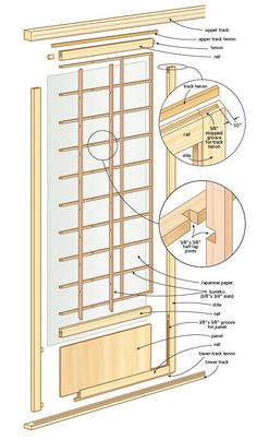 the diagram shows how to build a window with wood frame and glass doors, including an opening