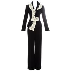 Christian Dior by John Galliano. Black pinstriped wool crepe pant suit edged in white Calais lace. Blazer jacket with shawl attached to the collar, two front flap pockets, fabric button closures and silk lining with embroidered 'CD'. Sold with matching long wide leg pants. 'Sportswear on Heels', Fall-Winter 1998 Dior Suit, Diy Embroidery Shirt, Lace Blazer Jacket, Dior Outfit, Dior Clothing, Evening Suit, Suit Outfit, Christian Dior Fashion, Vintage Christian Dior