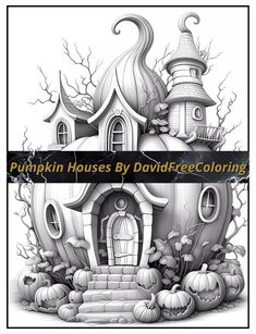 a drawing of a house with pumpkins around it