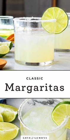 two glasses filled with margaritas and lime slices