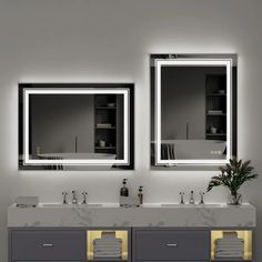 two sinks and mirrors in a bathroom with lights on the wall above them, along with a potted plant