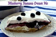 blueberry banana cream pie on a white plate