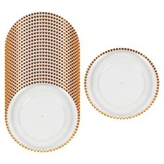 three white plates with gold beading on them