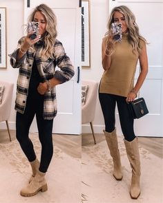 SPANX Leggings Outfit Ideas - NSale 2021 — Live Love Blank Faux Leather Leggings With Flannel, 2022 Boots Trends Women Winter, Casual Flannel Outfits Winter, Evening Chic Attire, Casual Winter Lunch Outfit, Leggings And Boots Outfit Fall, Flannel Jacket Women's Outfit, Outfits With Booties Fall, Fall Attire For Women