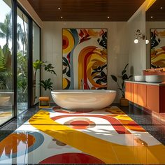 a modern bathroom with an artistic design on the floor and large tub in the center