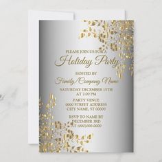 a silver and gold holiday party card