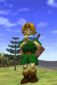 the legend of zelda is standing in front of a tree and holding a bottle