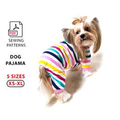 a small dog wearing a colorful shirt and standing in front of a white background with the words sewing patterns on it