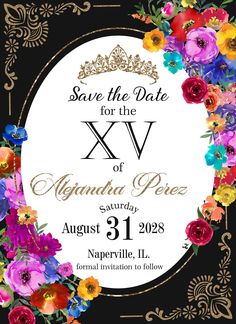 save the date card with colorful flowers and gold trimmings on black, white background