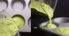 a cupcake tin filled with guacamole being poured into it