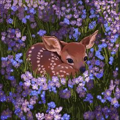 a painting of a baby deer laying in the grass surrounded by purple and blue flowers