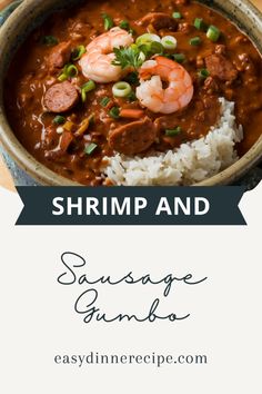 shrimp and sausage gumbo with rice in a bowl