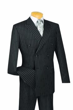 Rockefeller Collection - Double Breasted Stripe Suit Black Regular Fit 2 Piece Rays Drawing, Gangster Suit, Nice Suits, Gangster Costumes, Stripe Suit, Flat Front Pants, Suit Black, Pinstripe Suit, Peak Lapel