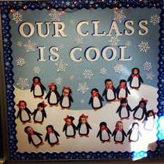 a bulletin board with penguins and snowflakes on it that says our class is cool