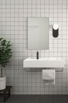 a white bathroom sink sitting under a mirror next to a potted plant and toilet paper dispenser