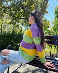 Knit Wool Pullover, Winter Women Sweaters, Beautiful Knit, Wide Jumper, Loose Fit Style, Multicoloured Jumper 100% hand knit 100% luxury Sweater  100% pure wool Some clothes have soul ! ❤️ This lovely and warm sweater is hand knitted by 100% pure wool yarn 🧶  The yarn is the best quality - soft, warm and lux. If you want to feel soft, warm and cosy you are at the right place. We use organic and luxury yarn to made this beautiful item for you. Optimal combination by price and quality!  You can w Casual Multicolor Knit Fabrication Knitting Pattern, Casual Multicolor Knitting Pattern, Multicolor Casual Knit Fabrication Pattern, Multicolor Knitted Crew Neck Sweater, Multicolor Chunky Knit Long Sleeve Knitting Pattern, Multicolor Long Sleeve Chunky Knit Pattern, Stripe Sweaters, Luxury Sweater, Winter Styling