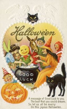 an old halloween card with cats and witches