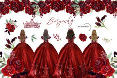 three women in red dresses with roses around them and the words burganly above them