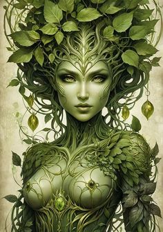 a woman with green hair and leaves on her head, surrounded by plants in her body