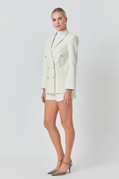 The perfect finishing touch to any outfit. With a boyfriend fit and collar lapel this blazer adds a touch of luxury to any look. With flap pockets and a gold-tone button it's polished and professional. This blazer can take you from the office to cocktails with ease. Oversized boyfriend fit Shoulder pads Features gold buttons Peak collar Double-breasted style Front pockets Sleeves feature decorative mini gold buttons Lined Hand wash cold Do not bleach Do not tumble dry Iron low Shell: 74% Polyest Mini Gold, A Boyfriend, Double Breasted Suit, Boyfriend Fit, Gold Buttons, Flap Pocket, Shoulder Pads, Blazer Suit, The Office