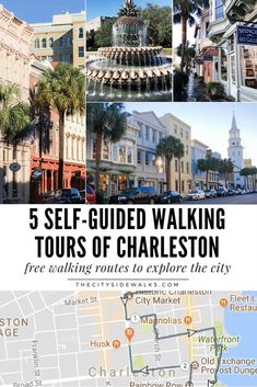 a map with the words 5 self - guided walking tours of charleston