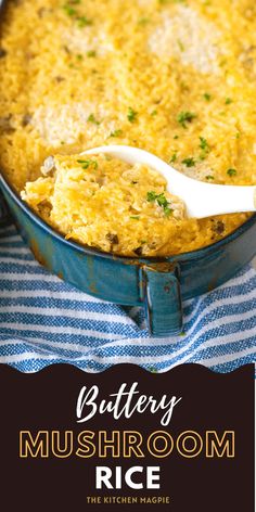 buttery mushroom rice in a blue dish with a white spoon