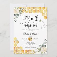 a baby shower card with flowers and honeycombs