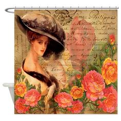 a woman wearing a hat with roses in the background shower curtain set size 75 h x 69 w