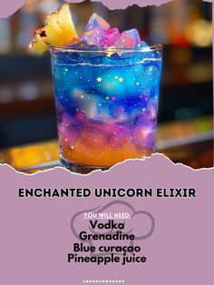 🦄 Sip on the magic of the Enchanted Unicorn Elixir! 🌈 #UnicornMagic #MysticalElixir Enchanted Unicorn Elixir Ingredients: Vodka (1 oz) Grenadine (1/2 oz) Blue curaçao (1/2 oz) Pineapple juice (1 oz) Edible glitter (for garnish) Instructions: Layer vodka, grenadine, blue curaçao, and pineapple juice in a glass. Garnish with edible glitter. Enjoy the mystical and colorful elixir! 🦄✨🍹 #UnicornElixir #MagicalSips #RecipeInspire Magical Cocktails, Edible Glitter Drinks, Unicorn Cocktail, Best Alcoholic Drinks, Acholic Drinks, Unicorn Drink, Fun Party Drinks, Fun Drinks Alcohol