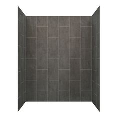 a walk in shower sitting next to a white wall and tiled floor with gray tiles