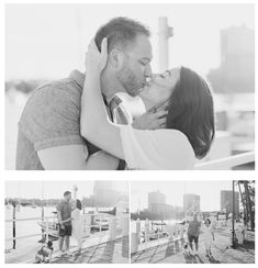 black and white photos of a couple kissing on the pier in front of city buildings