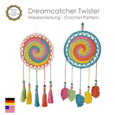 two colorful crocheted dream catchers with tassels