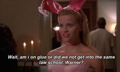 a woman wearing bunny ears and pink dress with text that reads, wait, an i gluer did we not get into the same law school?