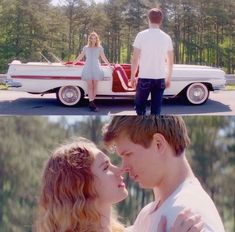 a man and woman standing in front of a car