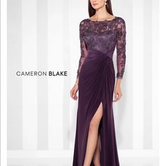 Sleeveless Jersey Fit And Flare Gown With Hand-Beaded Metallic Lace Illusion Front And Back Bateau Necklines, Sweetheart Bodice, Side Gathered And Knotted Midriff, Side Draped Skirt With Side Slit, Back Ruching, Sweep Train. Matching Additional Lace Illusion Long Sleeves And Shawl Included. Never Altered And Never Worn! Cameron Blake, Fit And Flare Gown, Purple Evening Dress, Mother Dresses, Evening Gowns With Sleeves, Flare Gown, Mother Of Groom Dresses, Mob Dresses, Draped Skirt