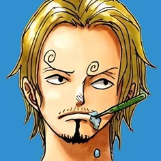 a drawing of a man with blonde hair and piercings on his face, holding a toothbrush in his mouth