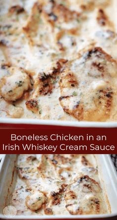 two images showing the process of making boneless chicken in an irish whiskey cream sauce